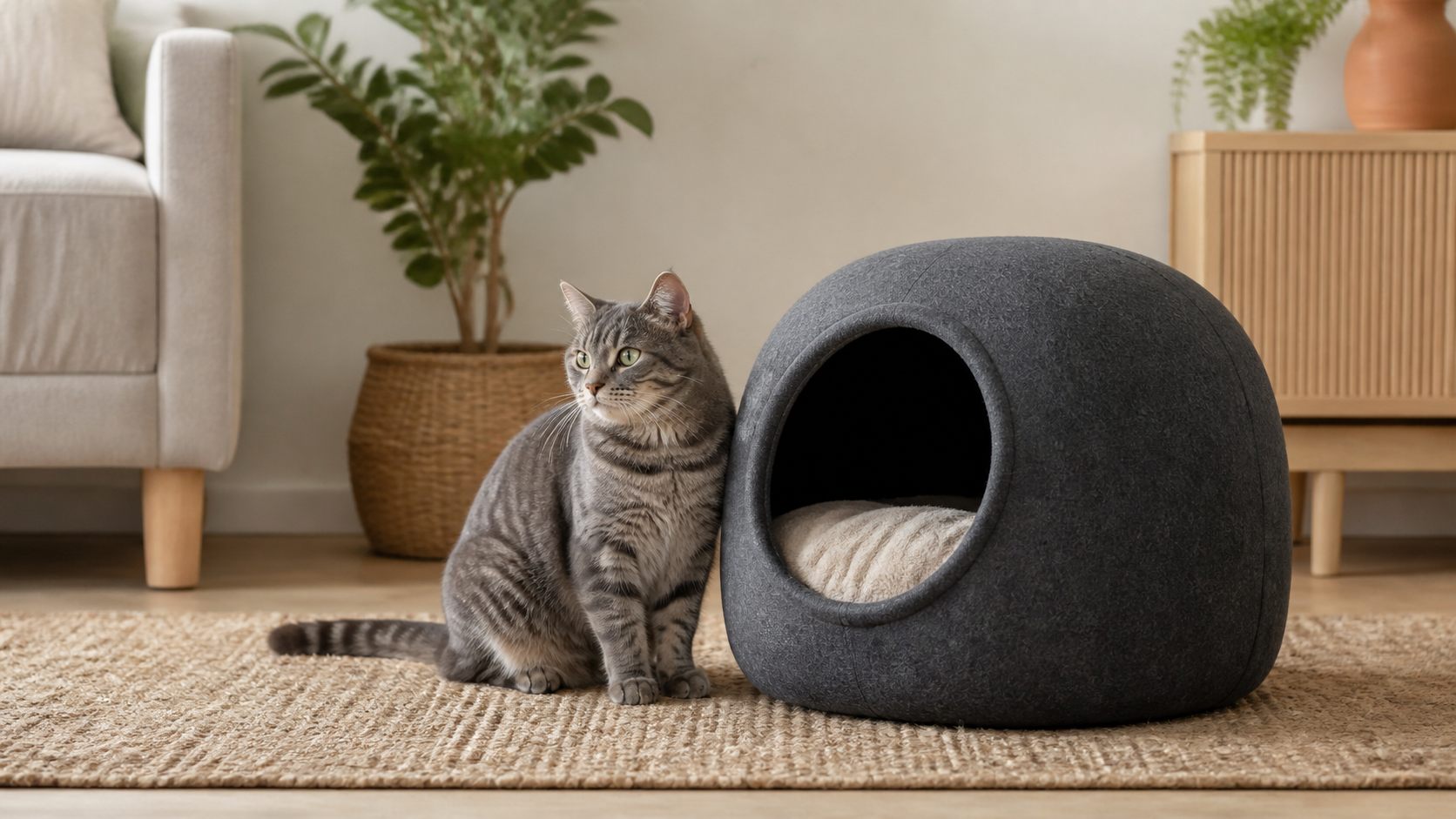 Grey tabby cat beside an enclosed charcoal cat bed cave in a calm modern living room