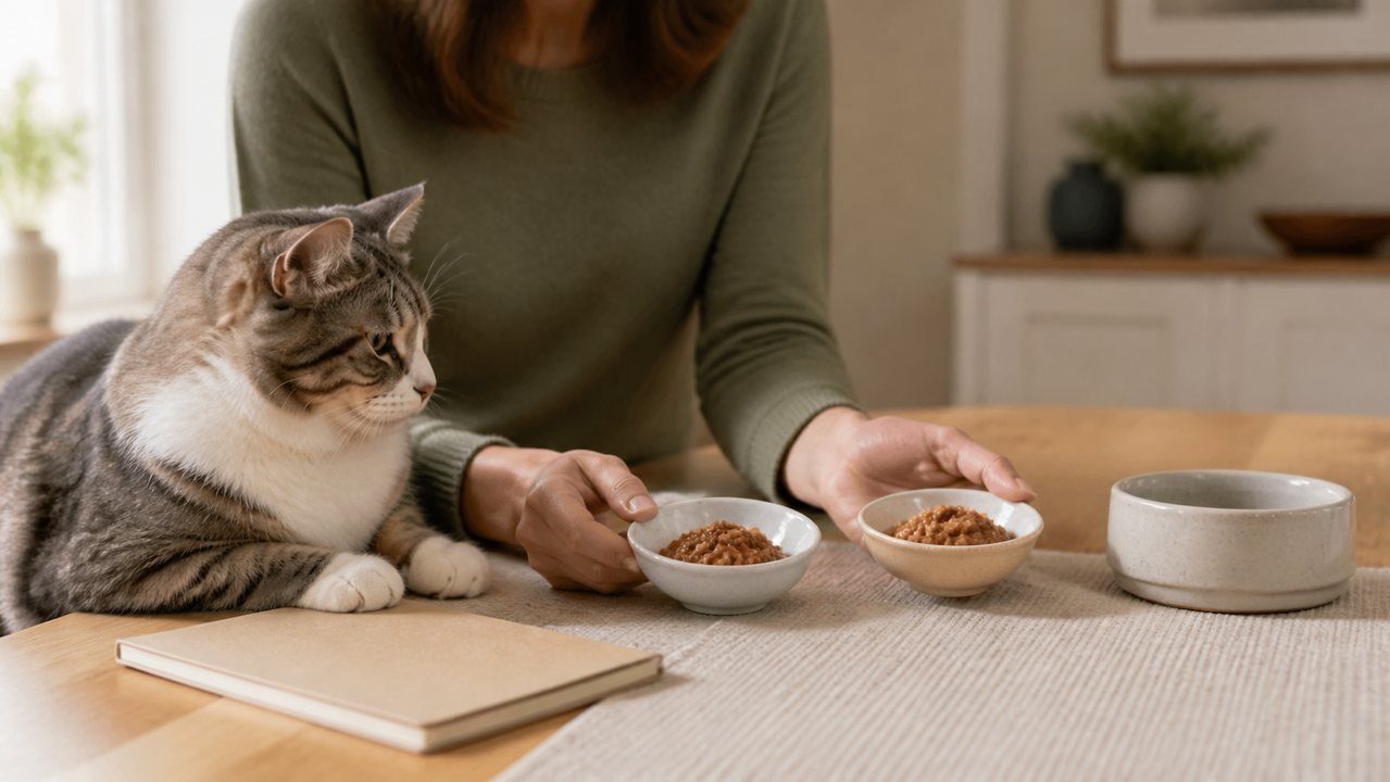 Mature cat beside two unbranded food portions and bowls in a calm home setting