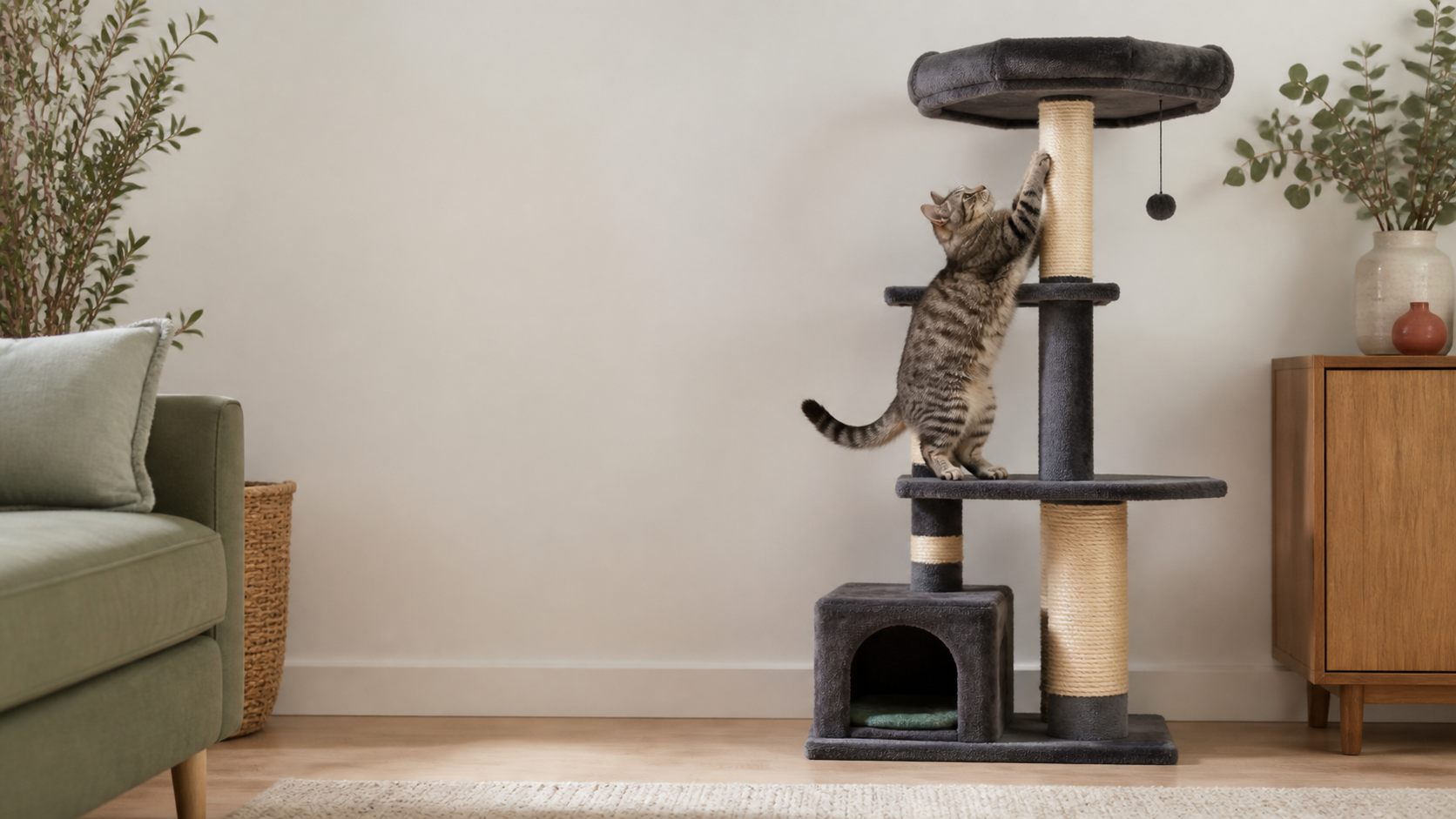 Grey tabby cat climbing a compact multi-level cat gym with scratching posts in a modern living room