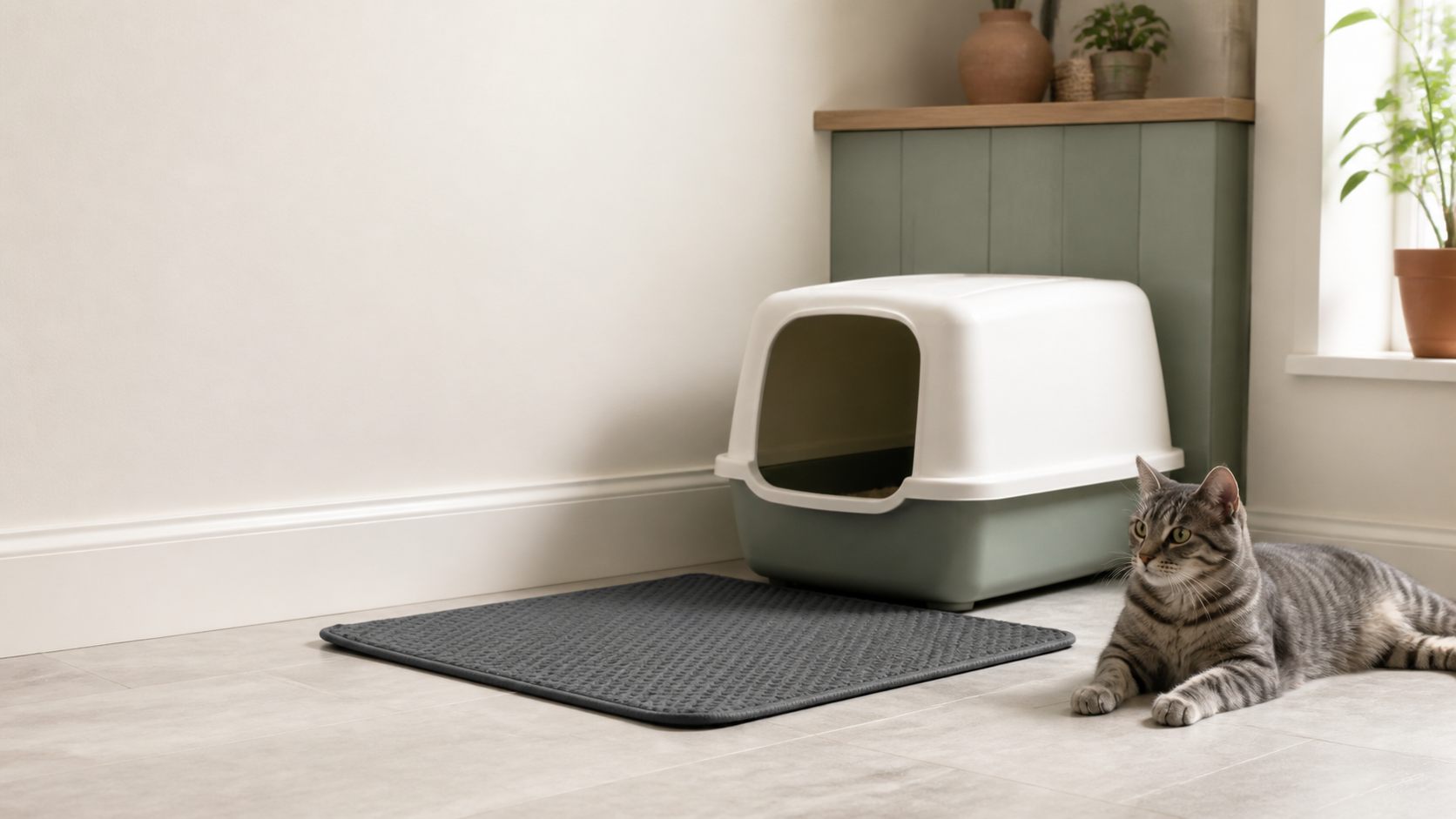 Covered cat litter tray, litter mat and relaxed grey tabby in a clean modern utility area