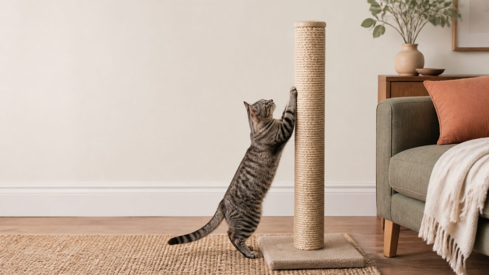 Grey tabby cat stretching against a tall unbranded sisal scratching post beside a sofa
