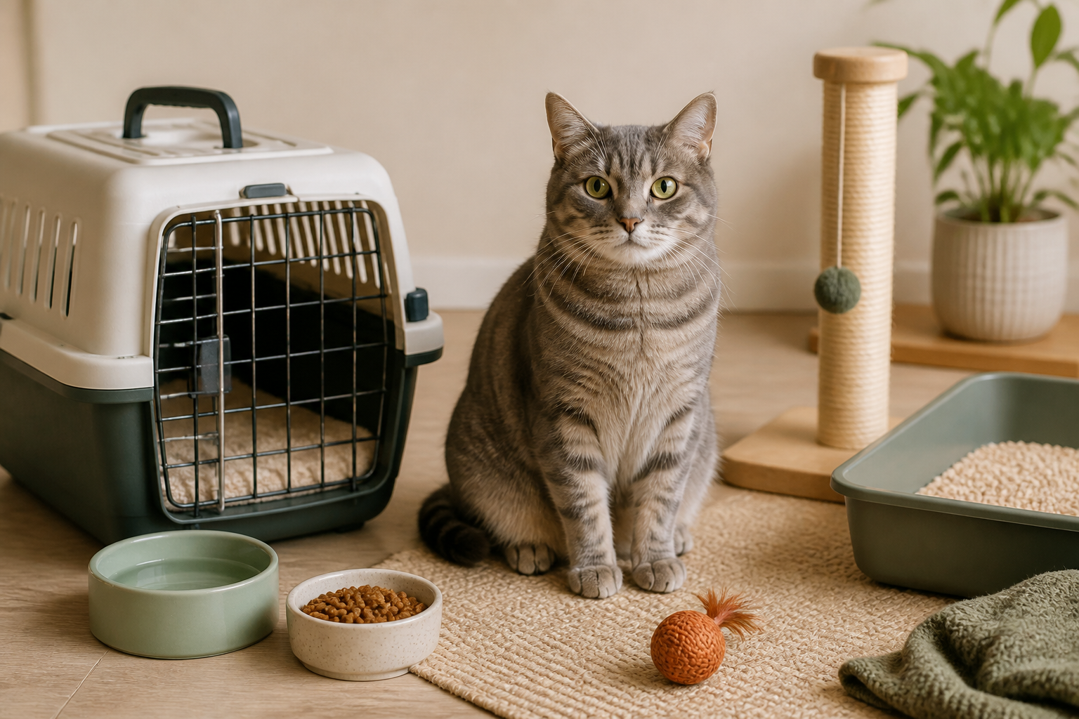Grey tabby cat with a carrier, bowls, scratching post and litter tray in a practical starter setup
