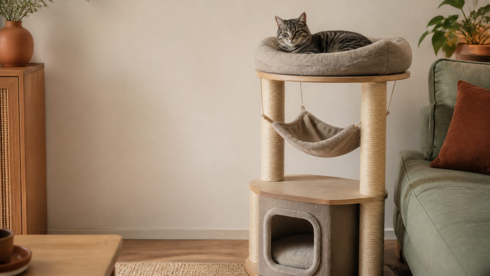 Grey tabby cat resting on the upper bed of a compact cat tower with hammock and scratching posts