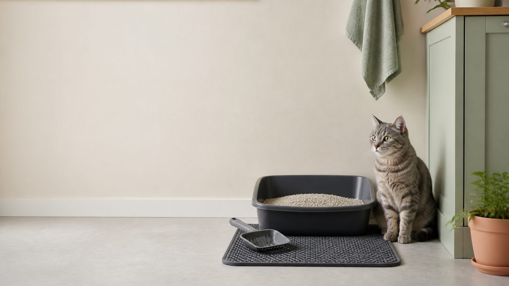 Simple open cat litter tray, scoop and litter mat beside a grey tabby cat in a practical home