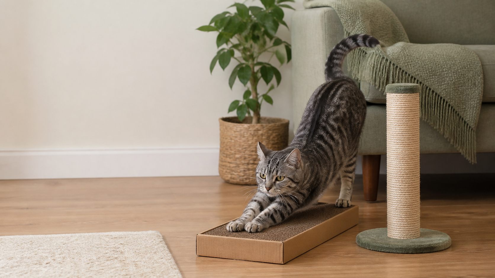 Grey tabby cat using a simple cardboard scratcher beside a small sisal post in a practical living room