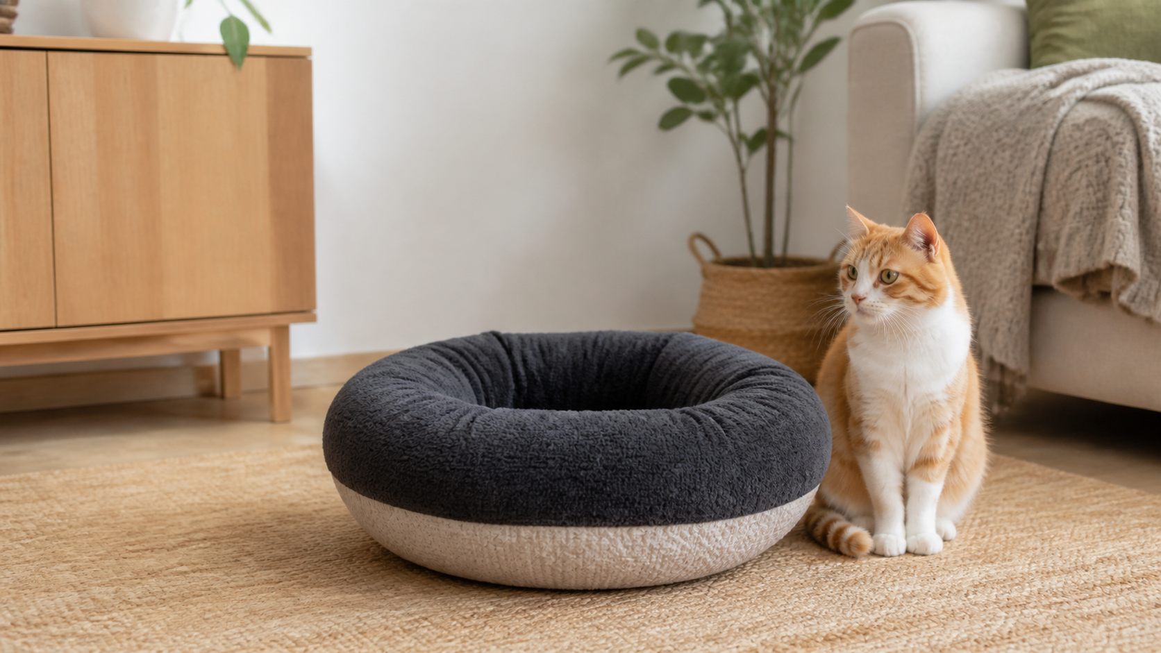 Ginger-and-white cat beside a soft charcoal and oatmeal donut cat bed in a calm modern living room