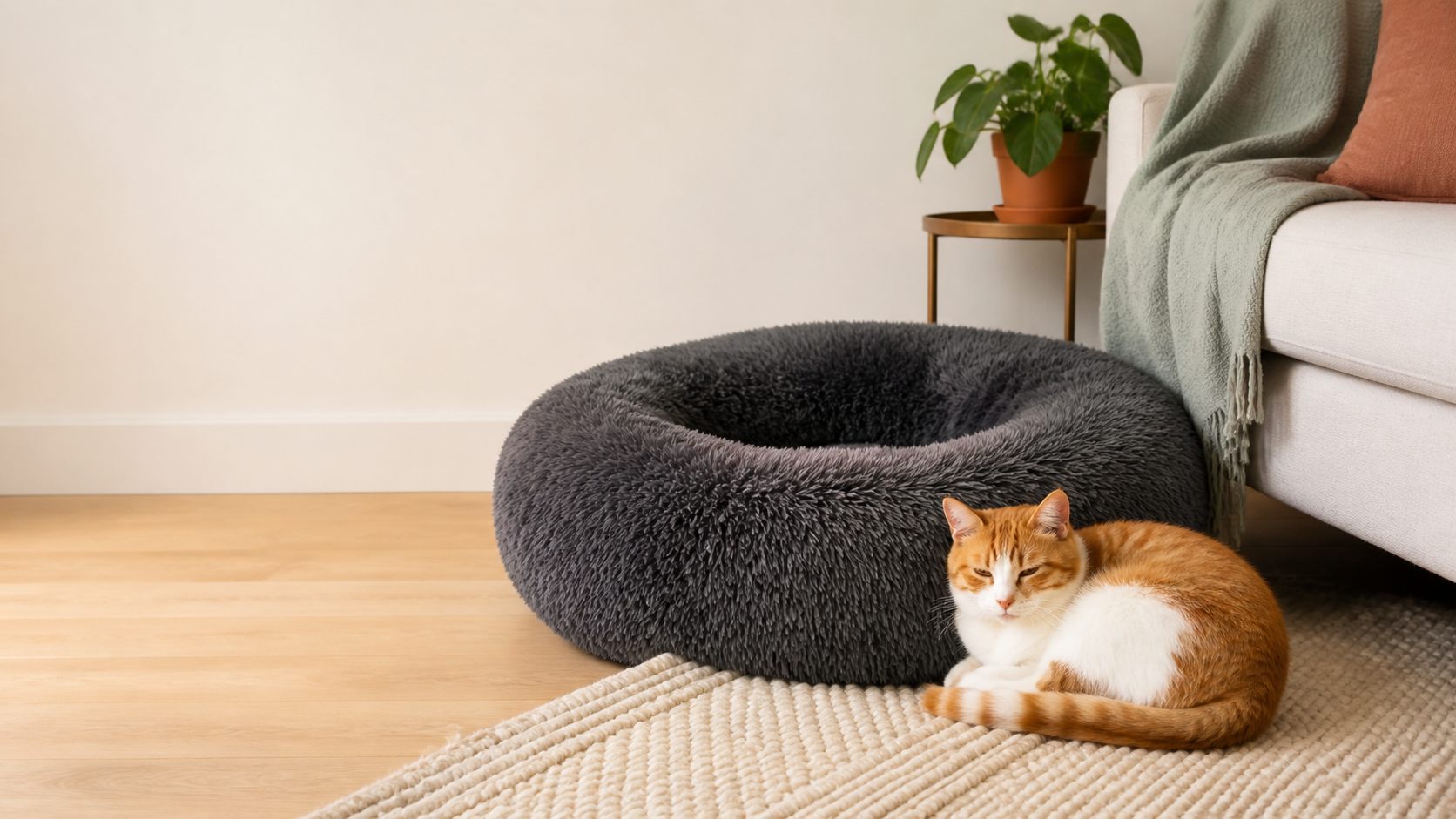 Ginger-and-white cat beside a fluffy charcoal donut bed in a calm living room
