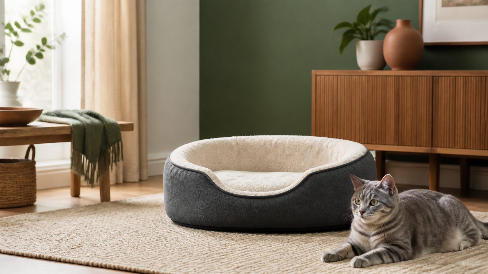 Grey tabby cat beside a cosy heated cat bed in a calm modern living room
