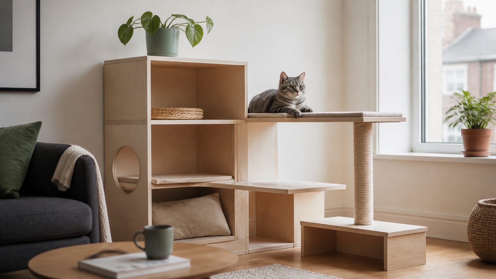 Grey tabby cat using unbranded modular pale-wood cat furniture in a bright modern living room