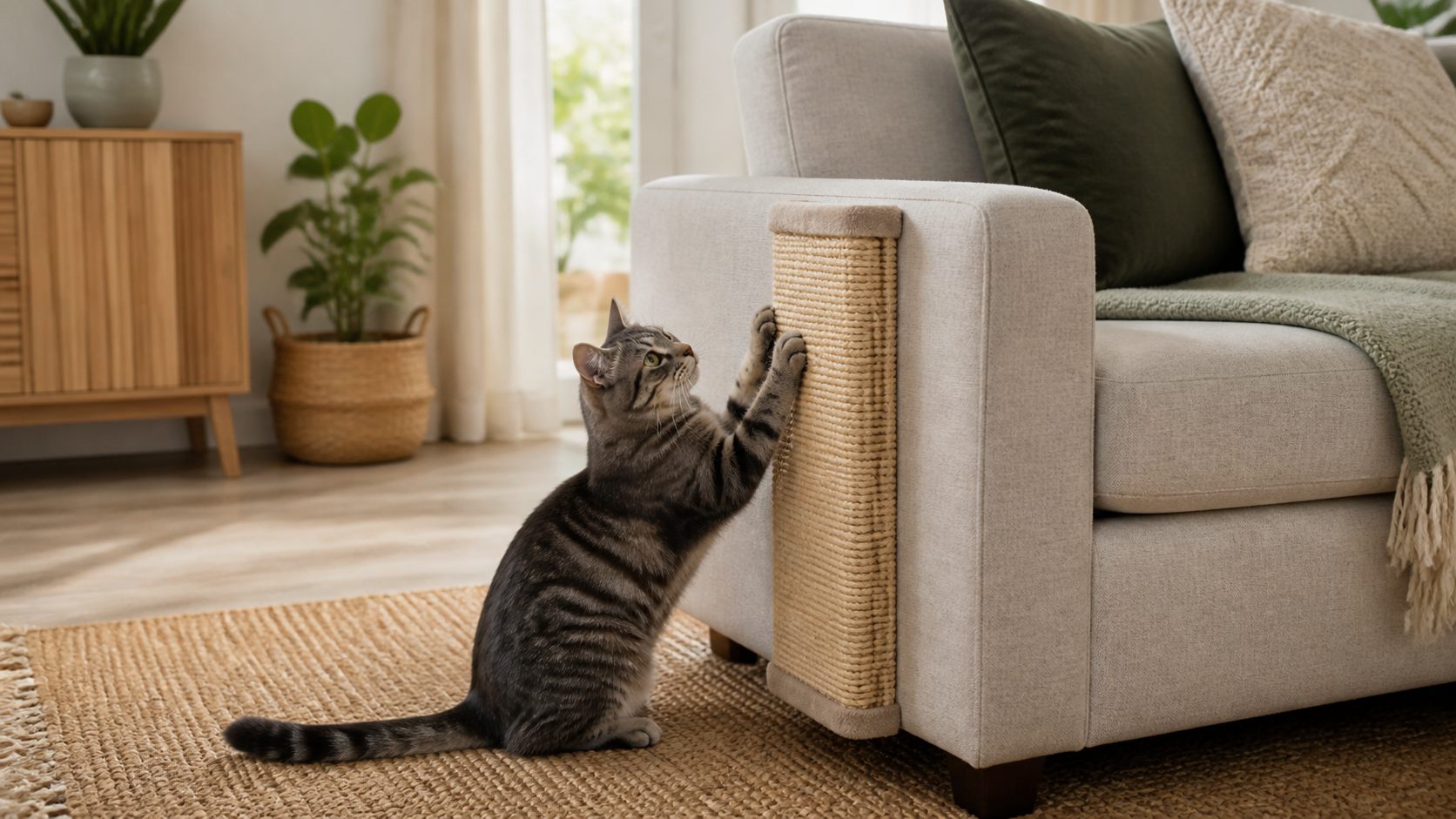 Grey tabby cat using a sisal corner scratching protector beside a sofa in a modern living room