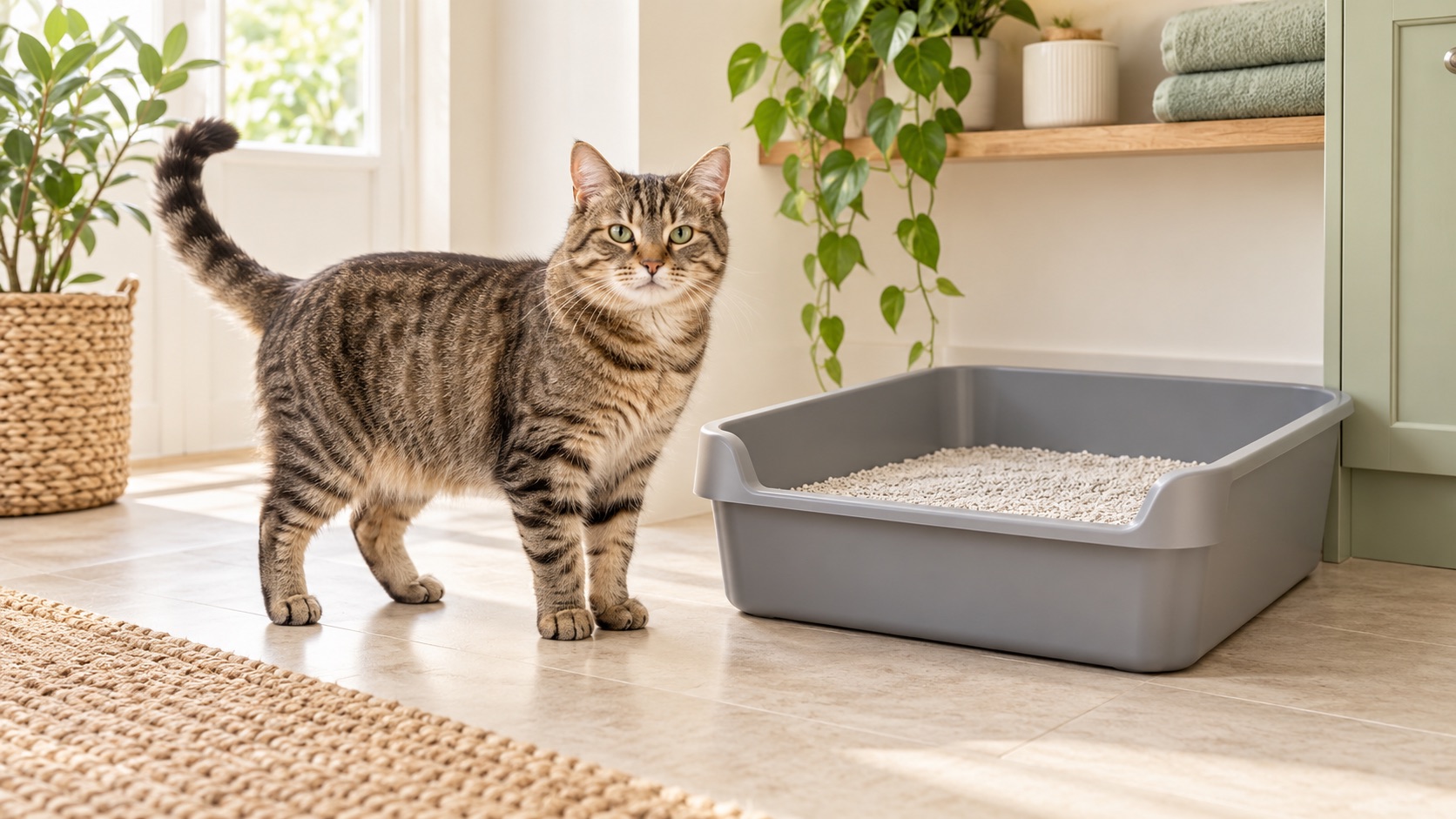 Illustration of a tabby cat beside a large open grey litter tray.