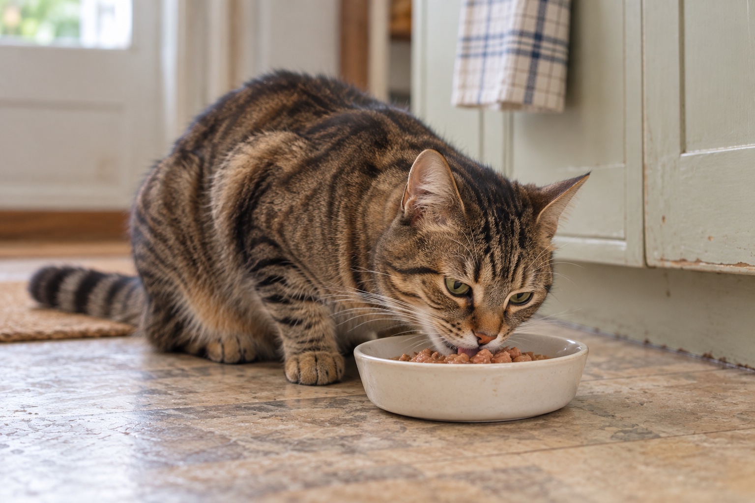 A tabby cat eating wet food from a shallow ceramic bowl in a kitchen.